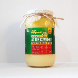 Allganic Tulsi Infused A2 Gir Cow Ghee | Glass Jar (1000ml) | Traditional hand-churned Bilona Ghee | 100% Pure, Natural and Healthy | Made from the milk of forest-grazed Desi A2 Gir Cows | Very light and best for Gut Health | Pure vegetarian