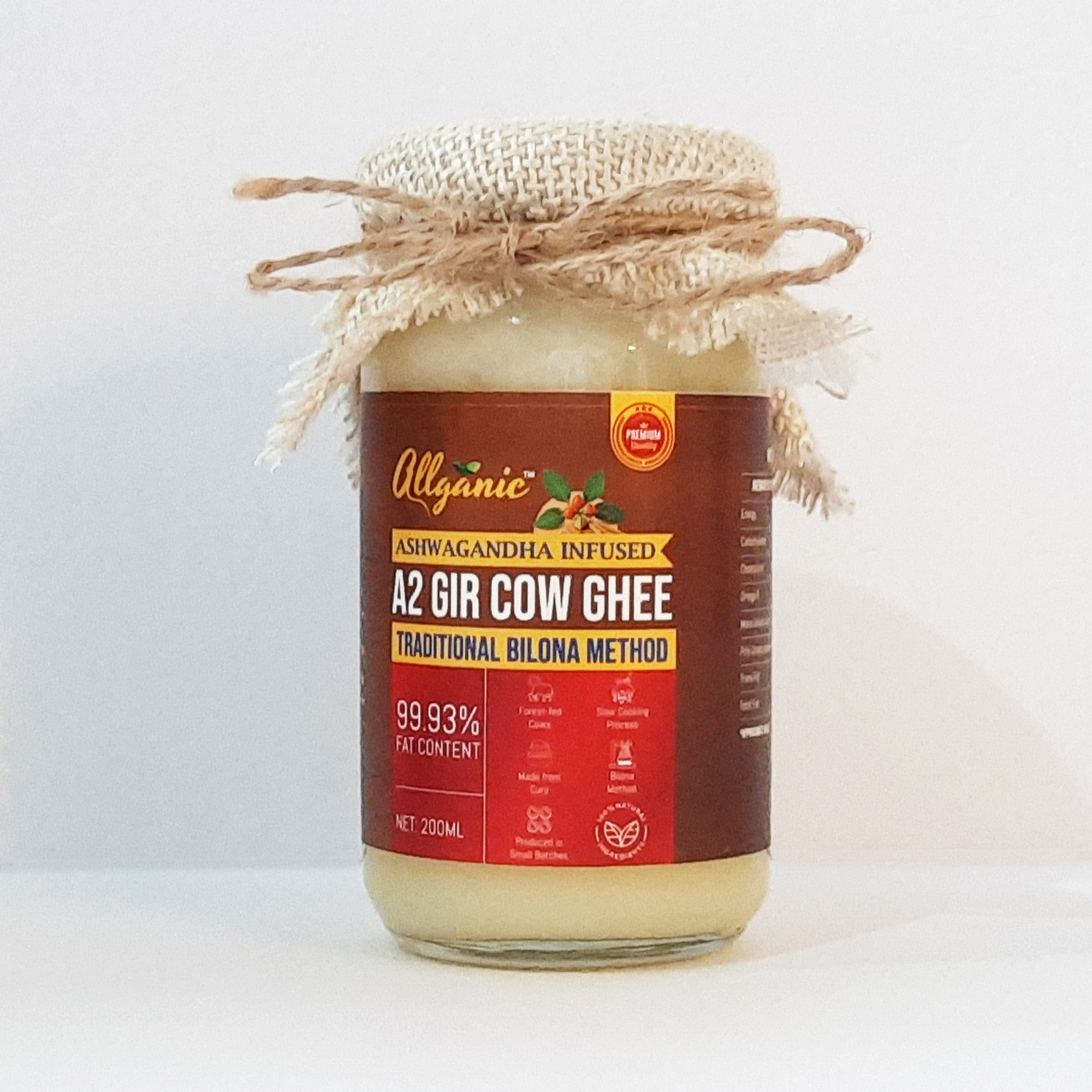 Allganic Ashwagandha Infused A2 Gir Cow Ghee | Glass Jar (200ml) | Traditional hand-churned Bilona Ghee | 100% Pure, Natural and Healthy | Made from the milk of forest-grazed Desi A2 Gir Cows | Very light and best for Gut Health | Pure vegetarian